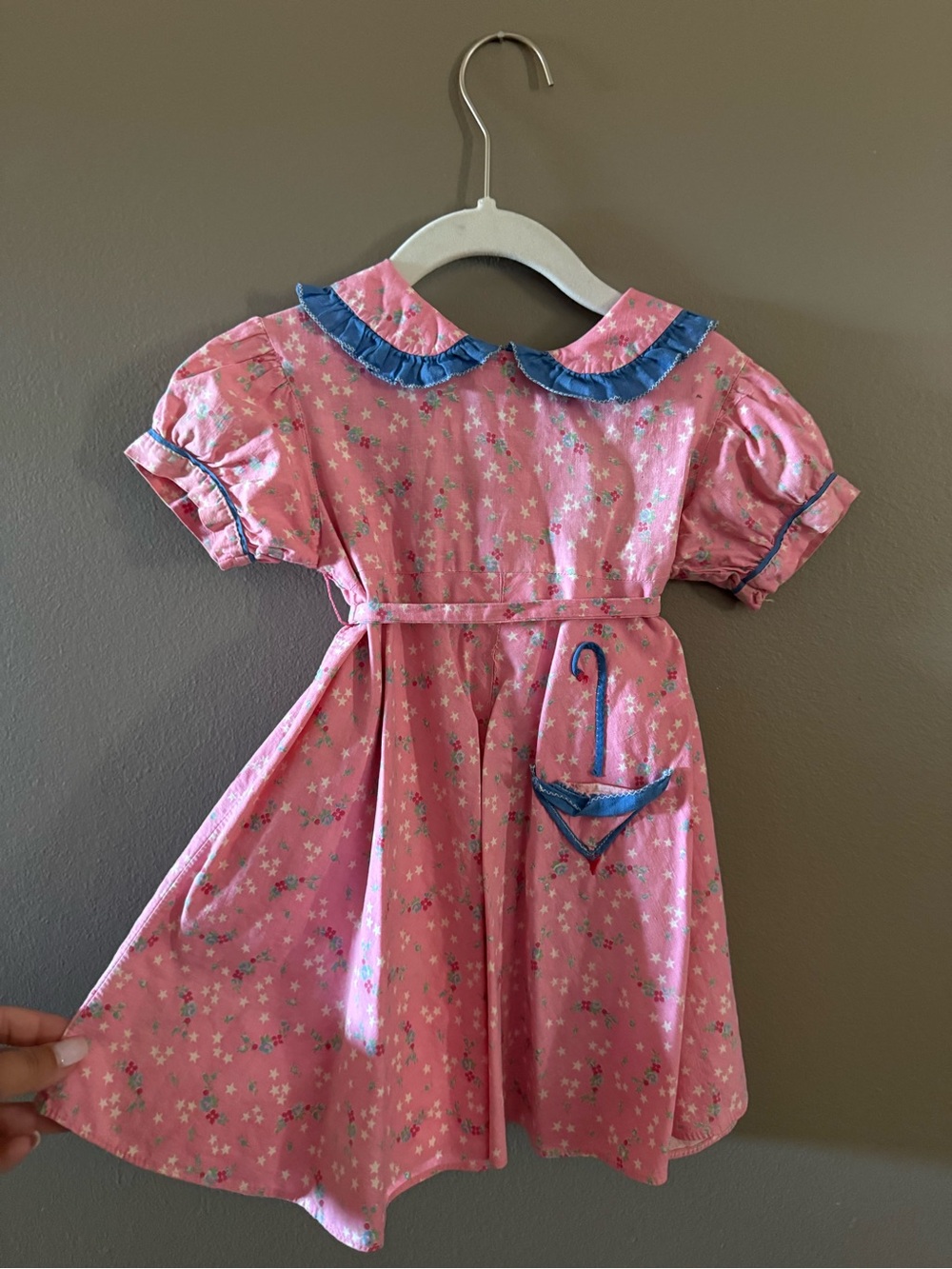Pink Star-Print Kids Dress with Blue Trim